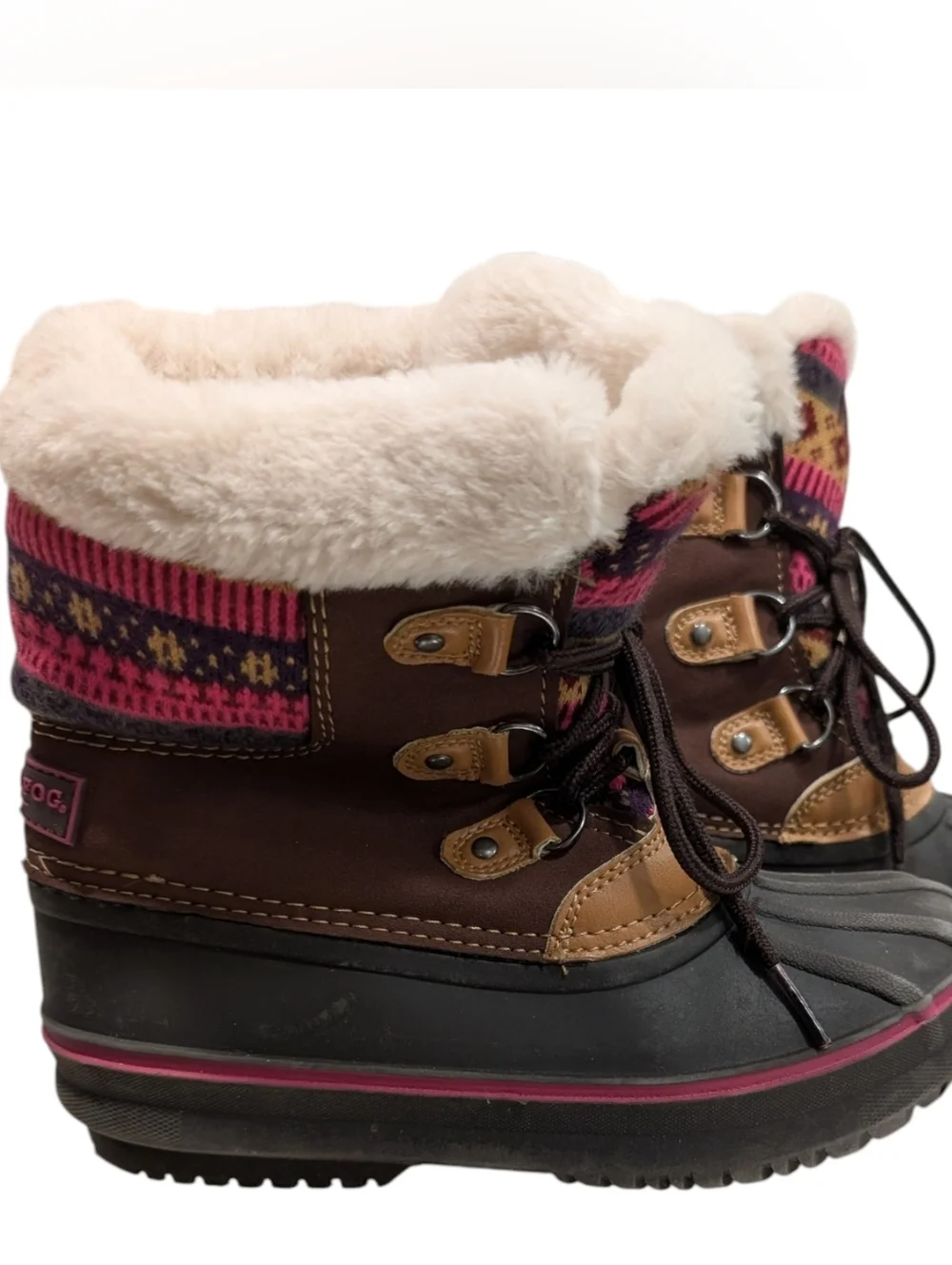 London Fog Brown and Pink Faux-Fur Winter Duck Boots